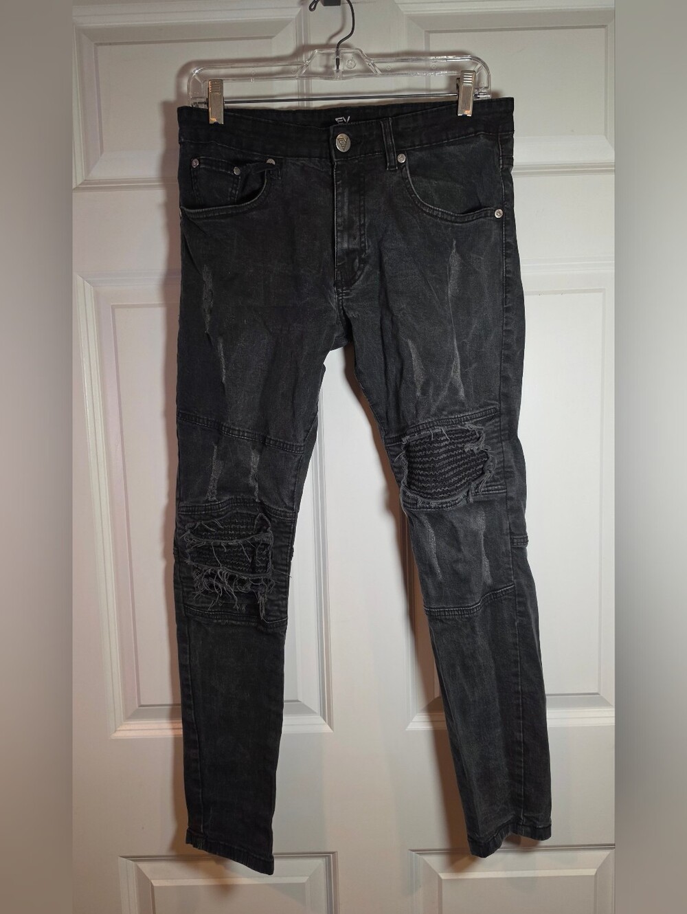 Evolve 5 Vintage Y2k Mens Black Distressed Knee Ribbed Jeans Minor Flaws 34 X 32